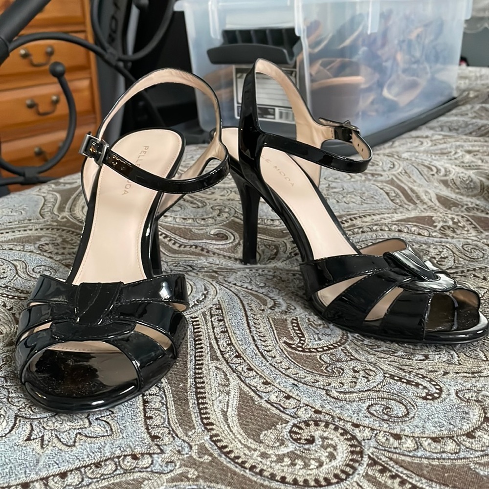 Black patent straps heels